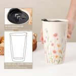 ANTIS'S HOME Ceramic Travel Mug with Lid, Flower Pattern Beige Double Wall Coffee Mug Tumbler, Reusable Tall Cup, Splash Resistant Lid, Dishwasher Microwaveable Safe - Image 5