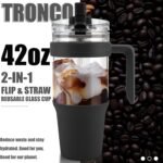 Tronco 40 oz Glass Tumbler with Straw and Lid, Leak-proof Flip Straw, Reusable Iced Coffee Cup with Handle, Glass Water Bottles Fits in Cup Holder, Lead-Free, BPA-Free - Image 3