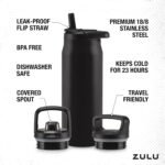 ZULU Base 32oz Stainless Steel Water Bottle with 3 Lids- Straw, Chug, Twist | Double Walled and Vacuum Insulated Metal Thermos | For Gym, Outdoor, Built in Carry Loop, Dishwasher Safe, Black - Image 5