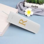 momocici Personalized 16 oz Initial White Matte Skinny Tumbler with Lid and Straw.Customized Letter R Slim Monogrammed Tumbler.Double Walled Plastic Cup for Smoothie Tea Iced Coffee. - Image 4
