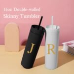 momocici Personalized 16 oz Initial White Matte Skinny Tumbler with Lid and Straw.Customized Letter R Slim Monogrammed Tumbler.Double Walled Plastic Cup for Smoothie Tea Iced Coffee. - Image 6