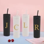 momocici Personalized 16 oz Initial White Matte Skinny Tumbler with Lid and Straw.Customized Letter R Slim Monogrammed Tumbler.Double Walled Plastic Cup for Smoothie Tea Iced Coffee. - Image 7