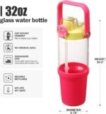 HYDRAGLAZIC Glass Tumbler with Carry Handle, Clear Glass Water Bottle with Leakproof Lid, Spout Lid&Straw, BPA-Free, 32 oz, Bright Pink - Image 3