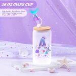 Clexela Birthday Gifts for 4 5 6 7 8 9 10 11 12 Year Old Girls Monogrammed Initial Glass Cups,16oz Glass Cups with lid and straw, Personlized Valentine Mermaid Gifts for Kids Girls Purple A - Image 4