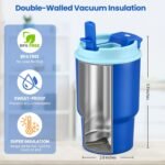 13.5oz Kids Insulated Tumbler with Straw,2 Pack Kids Insulated Water Bottle Stainless Steel Double Wall Vacuum Tumbler with 2 in 1 Sip/Swig Lids,Leak Proof Water Bottle for School(Black-Blue) - Image 3