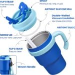 13.5oz Kids Insulated Tumbler with Straw,2 Pack Kids Insulated Water Bottle Stainless Steel Double Wall Vacuum Tumbler with 2 in 1 Sip/Swig Lids,Leak Proof Water Bottle for School(Black-Blue) - Image 4