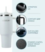 NEOCUPP - 40 oz Tumbler with Handle - Spill Proof Tumbler - Insulated Stainless Steel Design - Includes 3-in-1 Lid Brush, Straw Cleaner, Silicone Bottle Brush, & Boot - Porcelain White - Image 4