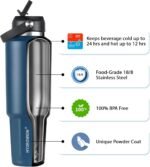 HYDROWION 32 oz Insulated Water Bottle, Car Water Bottle Holder - Double Wall Vacuum Insulated Travel Bottle with Straw Lid, Spout Lid and Flex Cap - Cold for 24H, Hot for 12H, Cobalt - Image 6