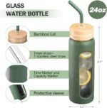 NOLOGLAZIC 24oz Glass Water Bottle with Straw and 2 Lids-Bamboo and Spout Lid, Borosilicate Glass Water Bottle with Silicone Sleeve and Time Marker,BPA Free & Cupholder Friendly,Olive - Image 4