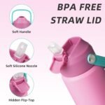 BJPKPK Insulated Water Bottle with Straw Lid, 12oz Thermo Water Bottles, Flex Handle & Non-slip Boot, BPA Free Leak Proof Stainless Steel Metal Thermo, Tumblers, Cups,Rose Pink - Image 3
