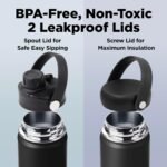 ThermoProof Double-Walled Vacuum Insulated Stainless Steel Water Bottle - Wide Mouth with Chug & Spout Lids, Dishwasher Safe, Reusable, Leakproof, Hot & Cold for Men, Women & Kids - 22oz, Black - Image 6