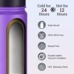 mininoo 24 oz Insulated Water Bottle with Straw Lid, Stainless Steel Double Wall Vacuum, Leak Proof, BPA Free, Keep Cold for 24H & Hot for 12H-2 pack(Purple) - Image 4