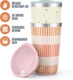 Ello 2 Pack 16oz Stainless Steel Stacking Cups with Easy Press Lids | Pint Size Reusable Tumblers for Parties, Home, Camping, Outdoor | Keeps Cold for 16 Hours, Dishwasher Safe | Stripes & Dots - Image 4
