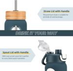 Olivego 32 oz glass water bottle - 1 Litter Motivational Tumbler With Time Marker - Borosilicate Glass Water Bottles With Silicone Sleeve and 2 Lids - Handle Spout Lid & Bamboo Straw Lid - Image 4