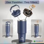 Namah® 30oz Spiritual Insulated Tumbler – Stainless Steel Travel Mug with Handle, Lid & Straw | Leak-Proof Vacuum Cup | Hot & Cold | Mindful Gifting | Car Cup Holder Fit-Midnight Teal Blue - Image 4