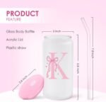 SANDJEST Monogrammed Glass Drinking Can Cup with Acrylic Lid and Straw, Personalized Frosted Iced Coffee Tumbler 16oz, Monogram Initial Gifts for Women Girls on Birthday (K) - Image 3
