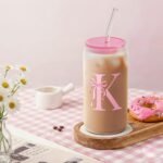 SANDJEST Monogrammed Glass Drinking Can Cup with Acrylic Lid and Straw, Personalized Frosted Iced Coffee Tumbler 16oz, Monogram Initial Gifts for Women Girls on Birthday (K) - Image 5