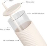 SANDJEST Glass Tumbler with Straw and Lid, Glass Water Bottle with Silicone Sleeve 20oz, Smoothie, Iced Coffee Cup, Gifts for Women Teen Girls Birthday Christmas (Cream) - Image 3
