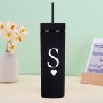 Forest Kiss Letter S Personalized Initial Gifts for Women Men 16oz Double Wall Food-grade Plastic Skinny Tumbler Monogrammed Matte Slim Cup Wedding Graduation Birthday Present (S) - Image 4