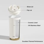 RhinoLife Insulated Coffee Mug Spill Proof Leak Proof with lid,16oz, White Portable Ceramic Lined Travel Mug with Handle & Silicone Mat, Reusable Insulated Tumbler with straw, Gift for Lovers - Image 5