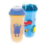 Nuby No Spill Insulated Transition Cup with Soft Rim Spout | 9 oz/ 270 ml | 2 pack: Aqua Animals & White Shapes or Blue Dinosaurs & Yellow Monsters | 18 months + - Image 4
