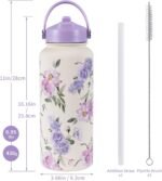 Goetland Flowers Water Bottle Beverage Bottle with Straw Lid 32 oz Stainless Steel Wide Mouth Vacuum Insulated Cute UV Printing Leak Proof For Women Girls Kids Mauve - Image 3