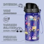 GOPPUS Kids Water Bottle (Straw Lid) - 14 Oz Stainless Steel Travel Bottle, Double Wall Vacuum Leak Proof Kids Cup for School Boys Girls,Blue engineering car - Image 3