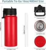 Volhoply Kids Insulated Water Bottle with Straw,16oz Stainless Steel Cold Water Bottles for School,BPA-Free Metal Wide Mouth Cups with Handle Lid,Reusable Double Wall Vacuum Sport Flask(Red,1) - Image 3