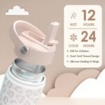 Beige Leopard Print Kids Water Bottle with Straw Lid 12oz Insulated Stainless Steel, Travel Tumbler, Gifts for Girls, Birthday, Christmas, Back to School - Image 4