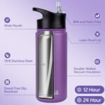 HASLE OUTFITTERS Insulated Water Bottle Kids 16 oz Double Wall Vacuum Stainless Steel Water Bottle Leak Proof for School Wide Mouth with Straw Lid & Spout Lid Keeps Cold and Hot(Purple,1pack) - Image 3