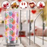 Whaline Valentine's Day Conversation Heart Tumbler Stainless Steel Travel Tumbler with Lid Straw Brush Candy Heart Coffee Mug Cup For Anniversary Women Girlfriend Wife - Image 3