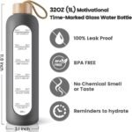 PROBTTL 32 Oz Borosilicate Glass Water Bottle with Time Marker Reminder Quotes, 1 Liter Leak Proof Reusable BPA Free Motivational Water Bottles with Silicone Sleeve and Bamboo Lid (Grey) - Image 3