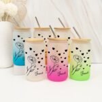 Birth Flower Frosted Glass Tumbler with Lid Custom Birthflower Glass Water Bottle with Name Retirement Women's Day Gifts for Colleague Flower Travel 16oz Iced Coffee Mug - Image 3