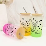 Birth Flower Frosted Glass Tumbler with Lid Custom Birthflower Glass Water Bottle with Name Retirement Women's Day Gifts for Colleague Flower Travel 16oz Iced Coffee Mug - Image 5