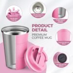 Volhoply 13 oz Stainless Steel Insulated Travel Coffee Mug with Fip Lid,Reusable Double Wall Vacuum Metal Coffee Cup,Portable to Go Leak Proof Cafe Thermal Tumbler for Hot & Cold Drinks(Pink,1) - Image 4