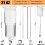 ALINK Glass Cups with Lids and Straws, 22 oz High Borosilicate Clear Iced Coffee Glass Tumblers, Drinking Glass Smoothie Tea Water Cups, Pack of 2 with Cleaning Brush - Image 3