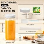 Ruckae 16 oz Glass Juice Bottles with Dual Scale-10 Pack Reusable Glass Bottles with Lids and Straws for Juicing,Smoothies,Water,Kombucha-Juice Containers for Kitchen,Fridge,or Gym (Transparent) - Image 4