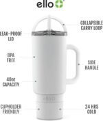 Ello Port 40oz Tumbler with Carry Loop & Integrated Handle, Vacuum Insulated Stainless Steel Reusable Water Bottle, Travel Mug with Leak Proof Lid & Straw, Perfect for Iced Coffee & Tea, White - Image 4