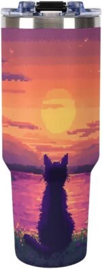 Digital Cat Enjoy The Sunset Tumbler with Lid and Straw 40 Oz Insulated Leak-Proof Water Bottle Travel Mug with Handle - Image 3