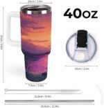 Digital Cat Enjoy The Sunset Tumbler with Lid and Straw 40 Oz Insulated Leak-Proof Water Bottle Travel Mug with Handle - Image 4