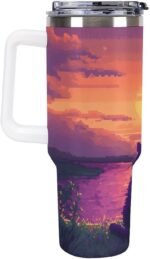 Digital Cat Enjoy The Sunset Tumbler with Lid and Straw 40 Oz Insulated Leak-Proof Water Bottle Travel Mug with Handle - Image 5