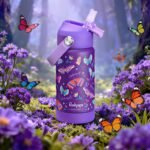 rockpapa Kids Insulated Water Bottle with Straw, BPA-Free, 18/8 Stainless Steel, Leak Proof, 14OZ Metal Cup Water Bottle for School Boys Girls (Purple Butterfly) - Image 3