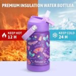 rockpapa Kids Insulated Water Bottle with Straw, BPA-Free, 18/8 Stainless Steel, Leak Proof, 14OZ Metal Cup Water Bottle for School Boys Girls (Purple Butterfly) - Image 4