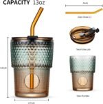 BLUEPOLAR 13 oz Tumbler Water Glass, Water Bottle with Straw and Dustproof Lid, Coffee Ice Cup Double Wall Insulated Glass Cup (Amber-Ribbed) - Image 3