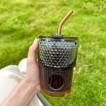 BLUEPOLAR 13 oz Tumbler Water Glass, Water Bottle with Straw and Dustproof Lid, Coffee Ice Cup Double Wall Insulated Glass Cup (Amber-Ribbed) - Image 4