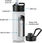 16 oz Insulated Water Bottle with Straw Lids, Stainless Steel Kids Water Bottles for School, Double Wall Vacuum Metal Water Bottle with Straw & Wide Mouth Lid, White 1 Pack - Image 3