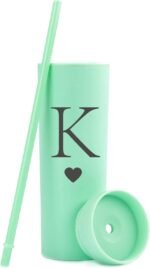 Forest Kiss Letter K Personalized Initial Gifts for Women Men 16oz Double Wall Mint Plastic Skinny Tumbler Monogrammed Matte Slim Cup Wedding Graduation Birthday Gift (K) - Image 3