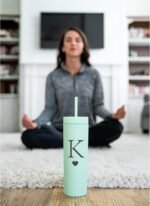 Forest Kiss Letter K Personalized Initial Gifts for Women Men 16oz Double Wall Mint Plastic Skinny Tumbler Monogrammed Matte Slim Cup Wedding Graduation Birthday Gift (K) - Image 6