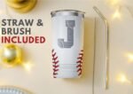 Onebttl Personalized Baseball Gifts for Teen Boys, Men, Coaches, 20oz Stainless Steel Tumbler with Laser Etched Initials for Baseball Players, Lovers, White - J - Image 4