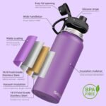 SASEUM Sport Water Bottle 32oz Stainless Steel Double Wall Vacuum Thermal Mug with Leak Proof Spout Lids, Wide Mouth Metal Insulated Water Jug for Gym and Travel（Purple） - Image 4